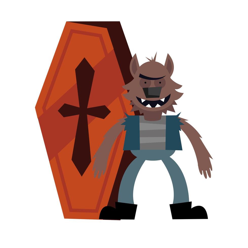 halloween werewolf cartoon with coffin design vector
