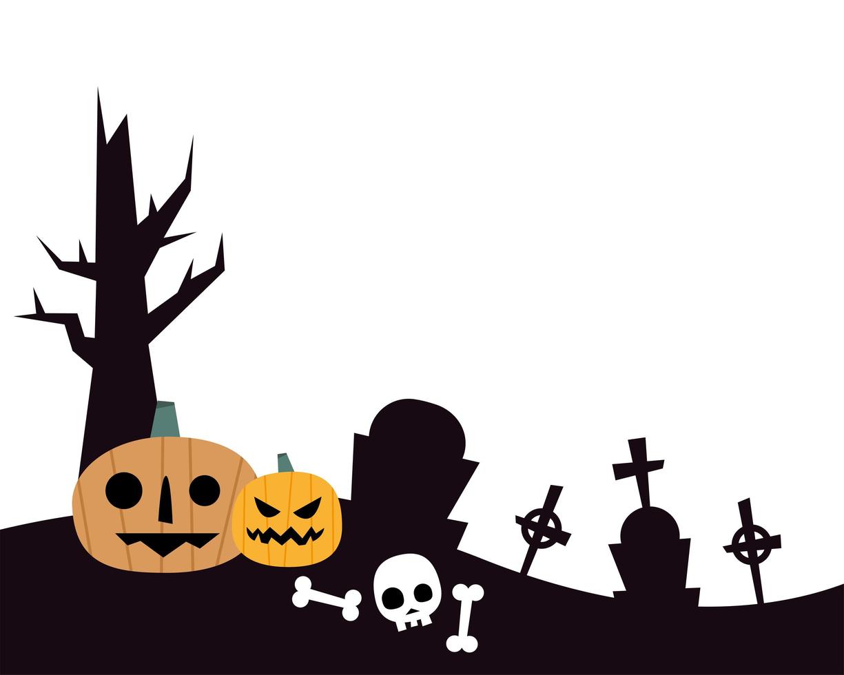 Calabazas de Halloween y calavera en el diseño del vector del cementerio