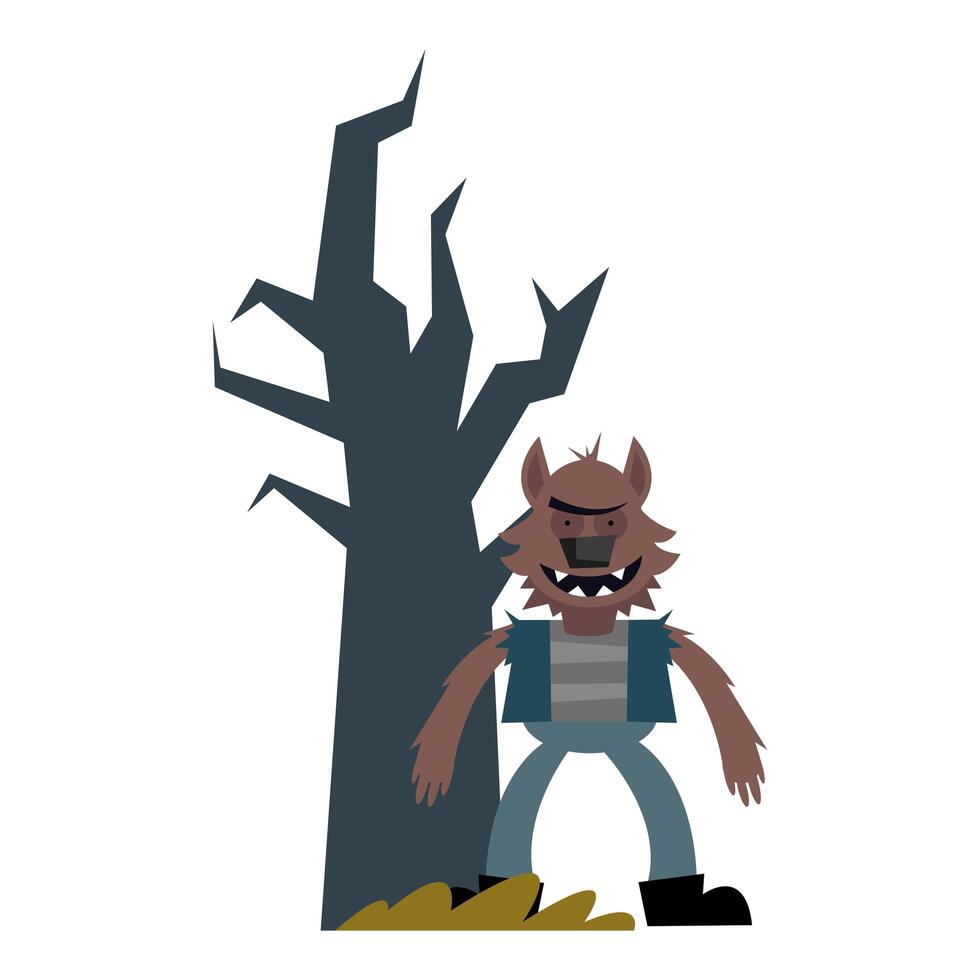 dibujos animados de hombre lobo de halloween con diseño de vector de árbol desnudo