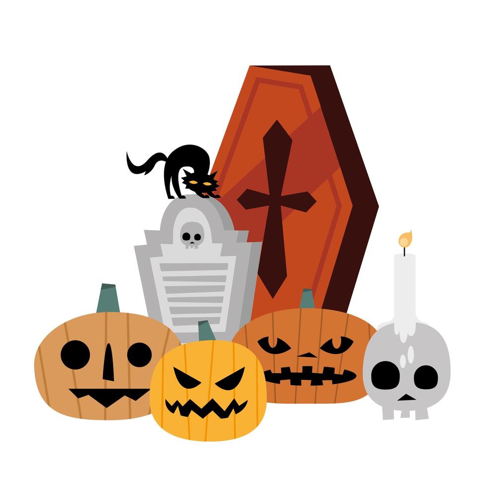 Calabazas de Halloween, tumba, calavera, velas y diseño vectorial de ataúd vector