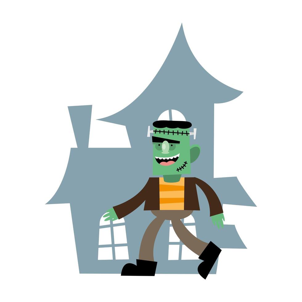 halloween frankenstein cartoon in front of house design vector