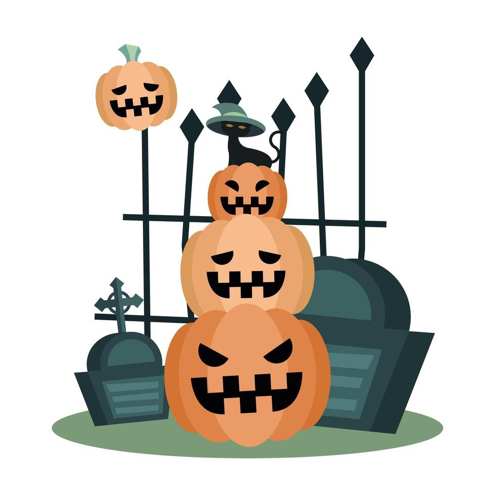 Halloween cat with hat on pumpkins design vector