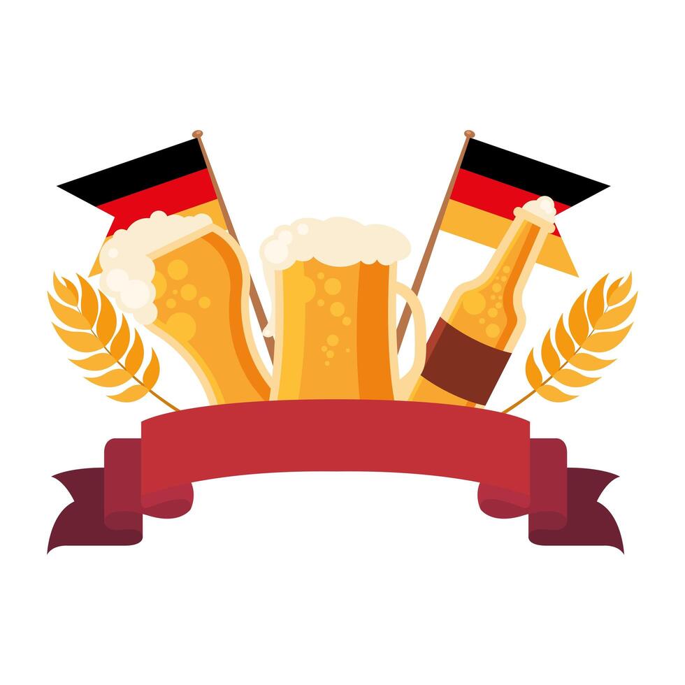 oktoberfest glasses, bottle and wheat ears vector design