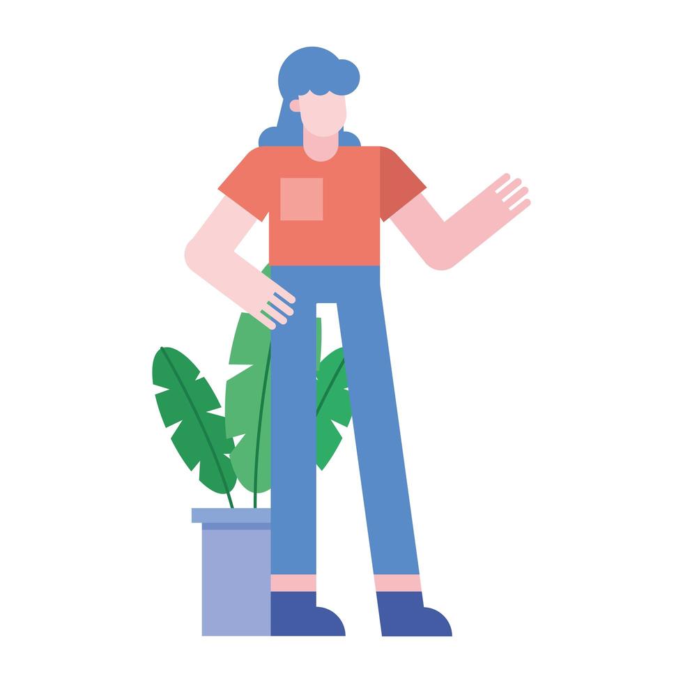 caricatura de mujer con planta dentro de diseño de vector de maceta