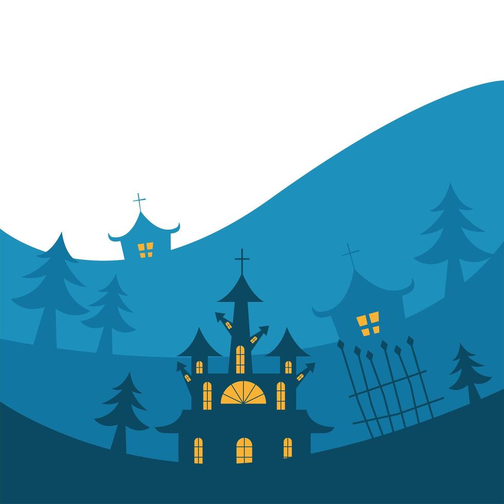 Halloween houses with pine trees and gate vector design