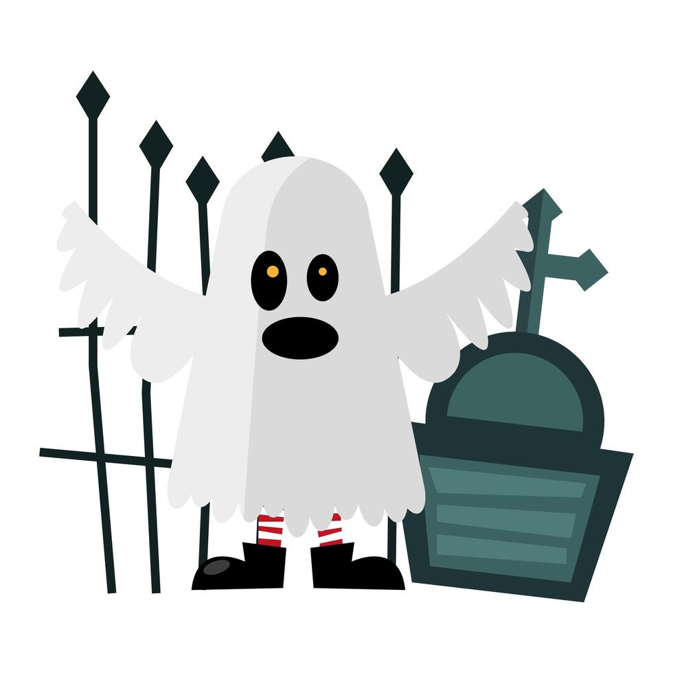 halloween ghost cartoon with grave design vector