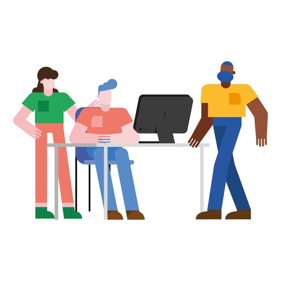 hombres y mujeres en el escritorio de oficina con diseño de vector de computadora