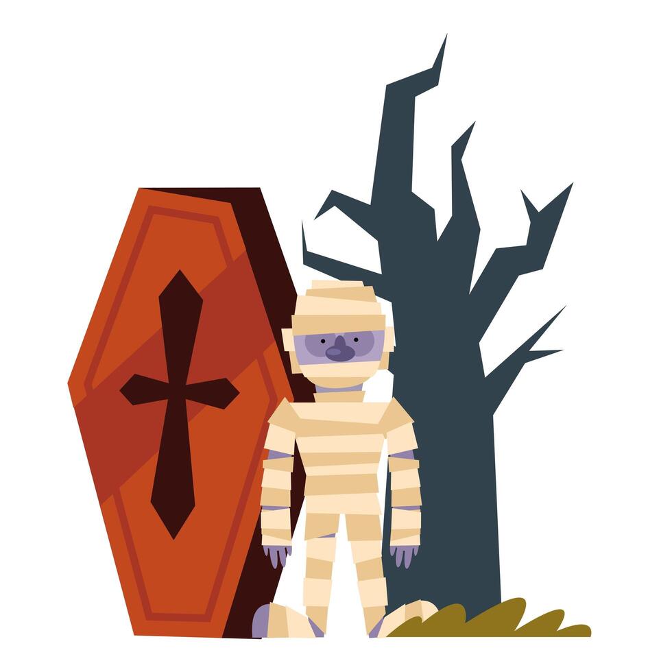 ataúd de dibujos animados de momia de halloween y diseño de vector de árbol desnudo