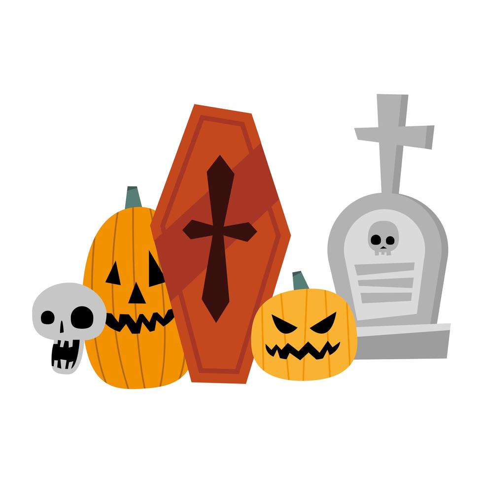 halloween pumpkins, grave, skull and coffin vector design