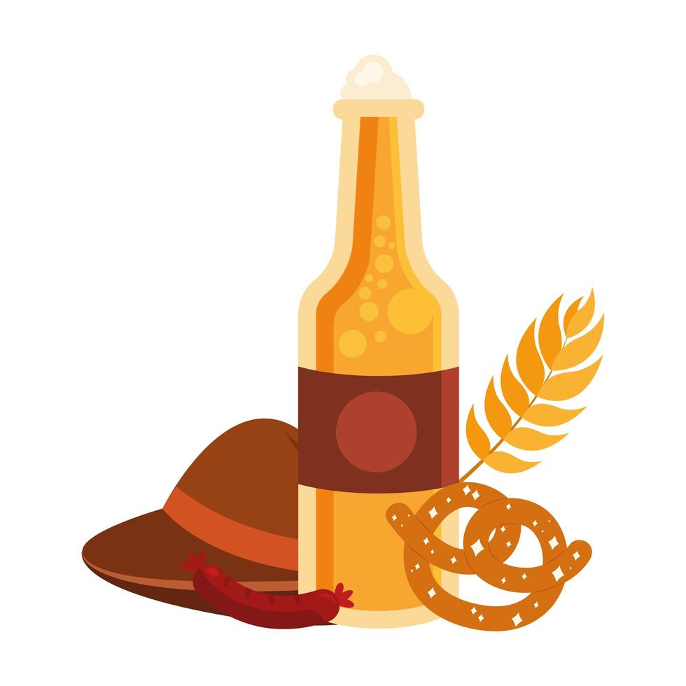 oktoberfest beer bottle, hat, pretzel and sausage vector design