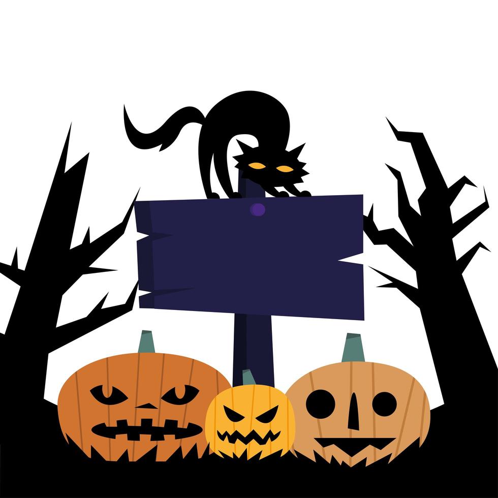 Calabazas de halloween con banner y diseño de vector de gato