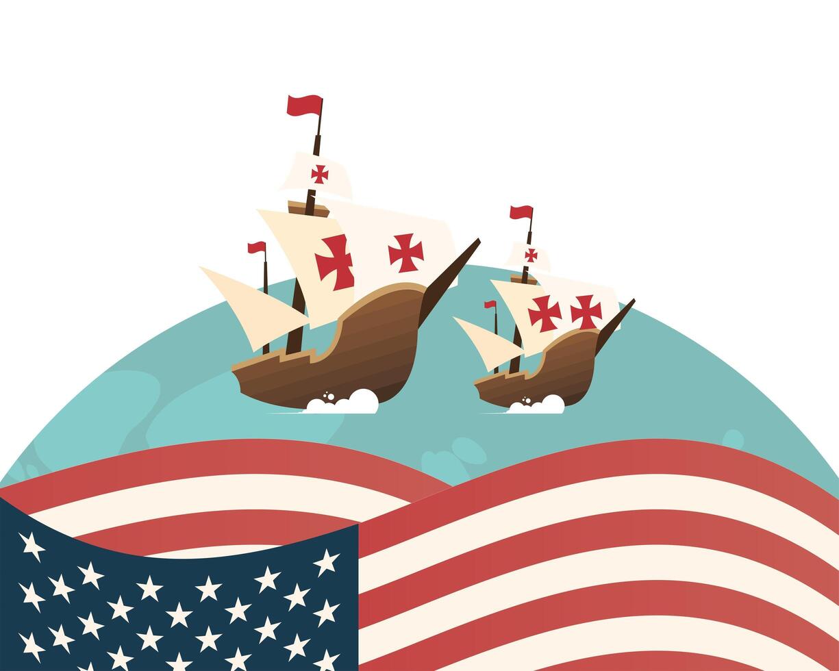 Christopher Columbus ships at the sea with usa flag vector design