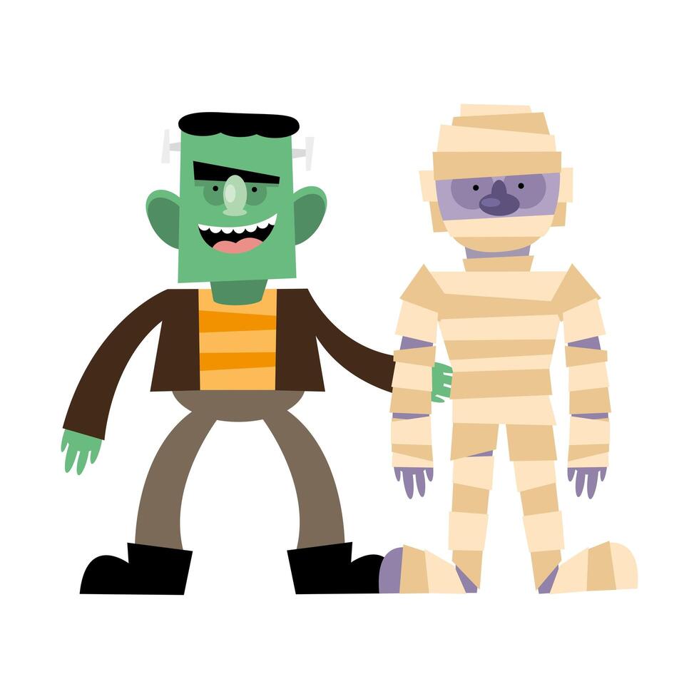 diseño de vector de dibujos animados de halloween frankenstein y momia