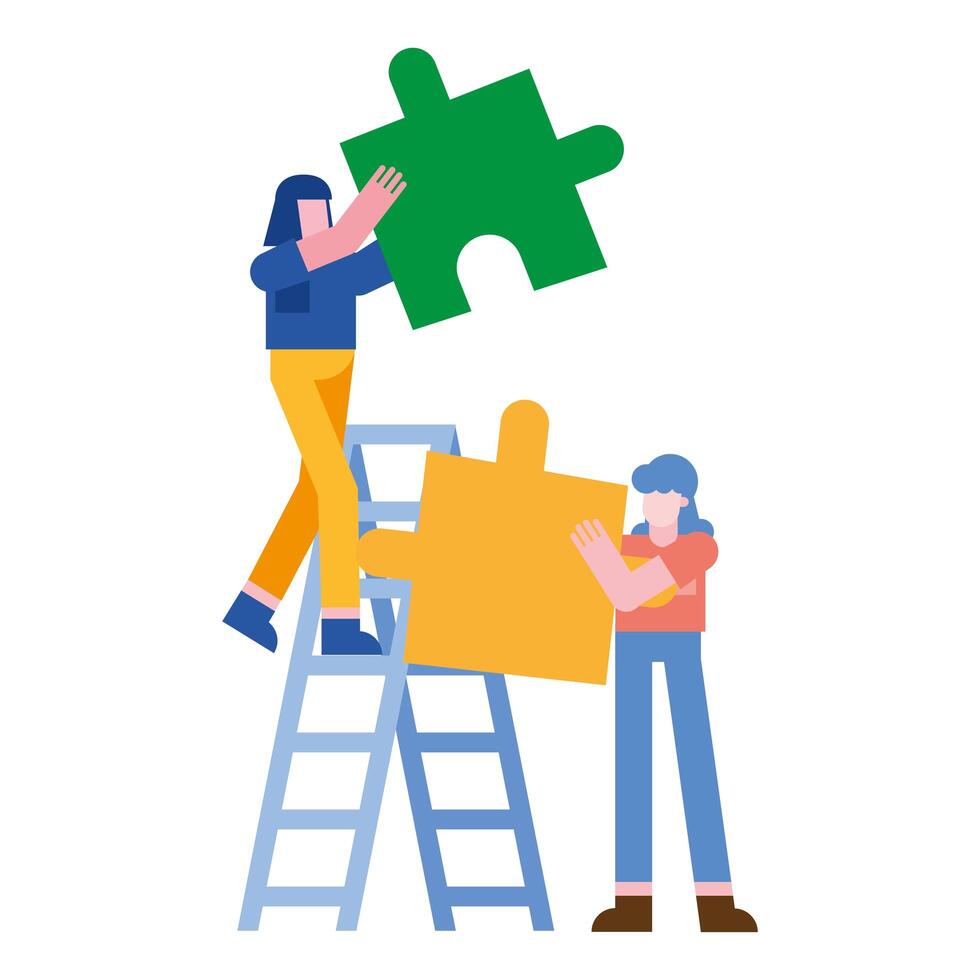 women with puzzles on ladder design vector