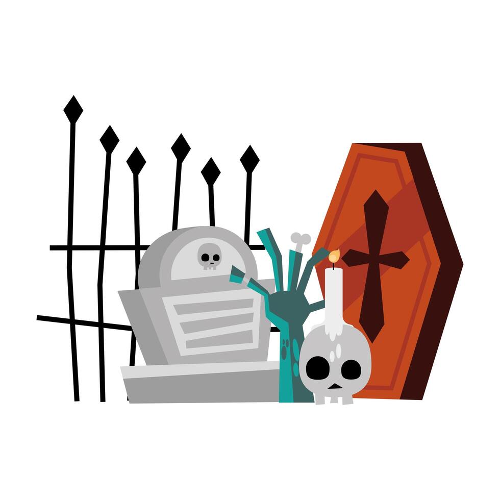 halloween coffin, grave, zombie hand and skull vector design