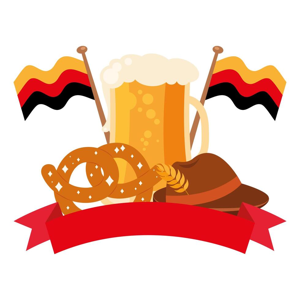 oktoberfest glass with pretzel and hat design vector