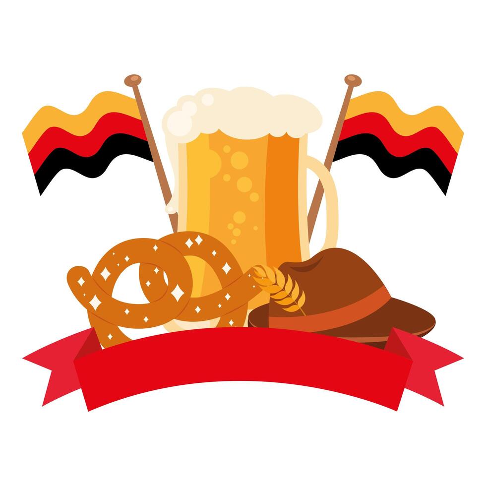 Oktoberfest vidrio con pretzel y diseño de vector de sombrero