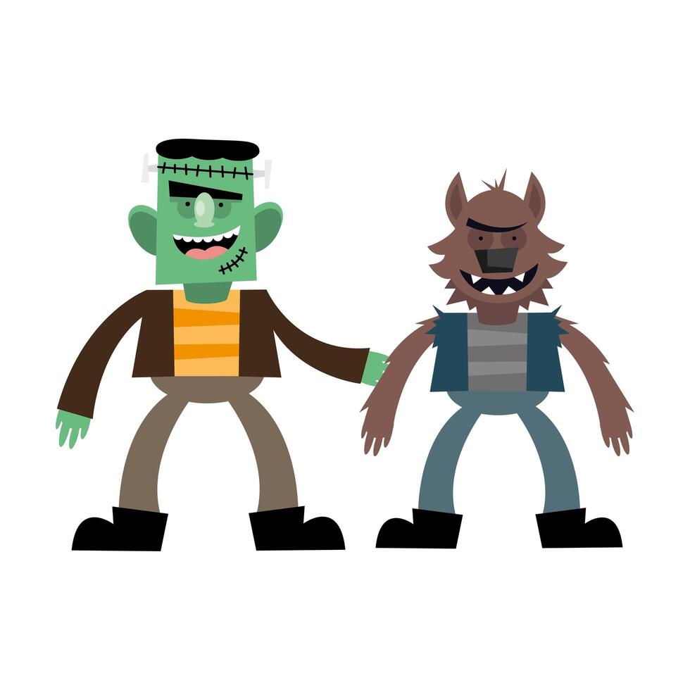 diseño de vector de dibujos animados de halloween frankenstein y hombre lobo