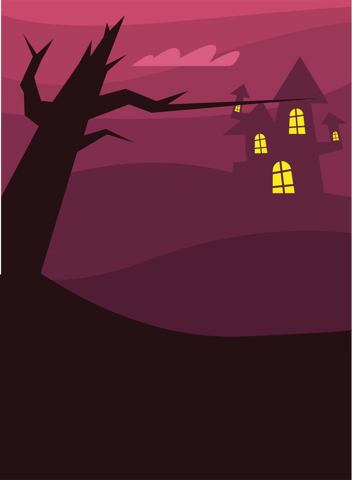 casa de halloween y diseño de vector de árbol desnudo