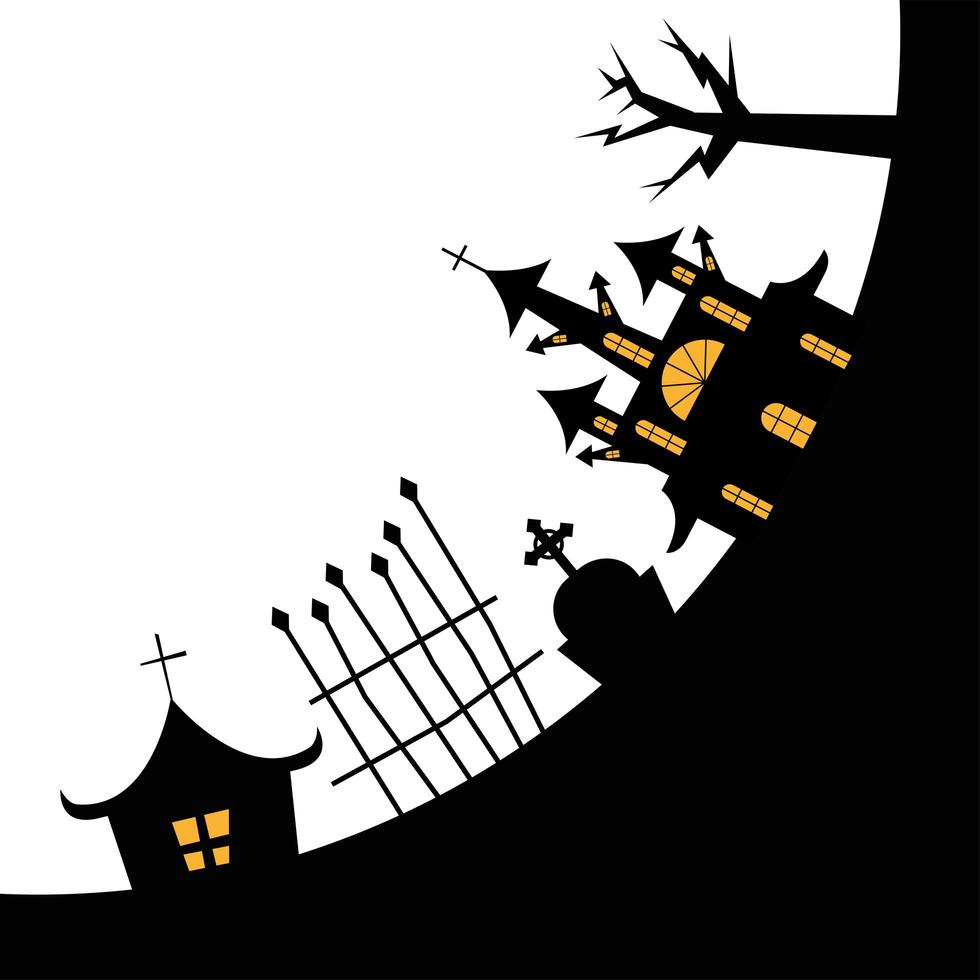 Halloween houses with tree, grave and gate vector design