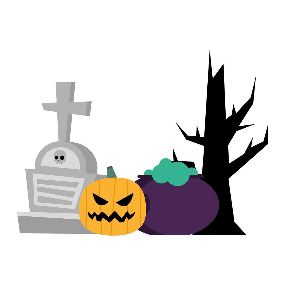 halloween pumpkin, witch bowl, grave and tree vector design