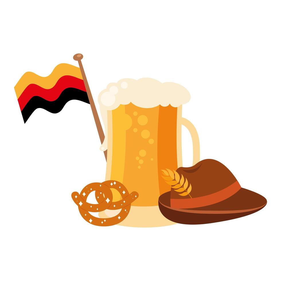 Vaso de cerveza Oktoberfest con diseño de vector de bandera, pretzel y sombrero