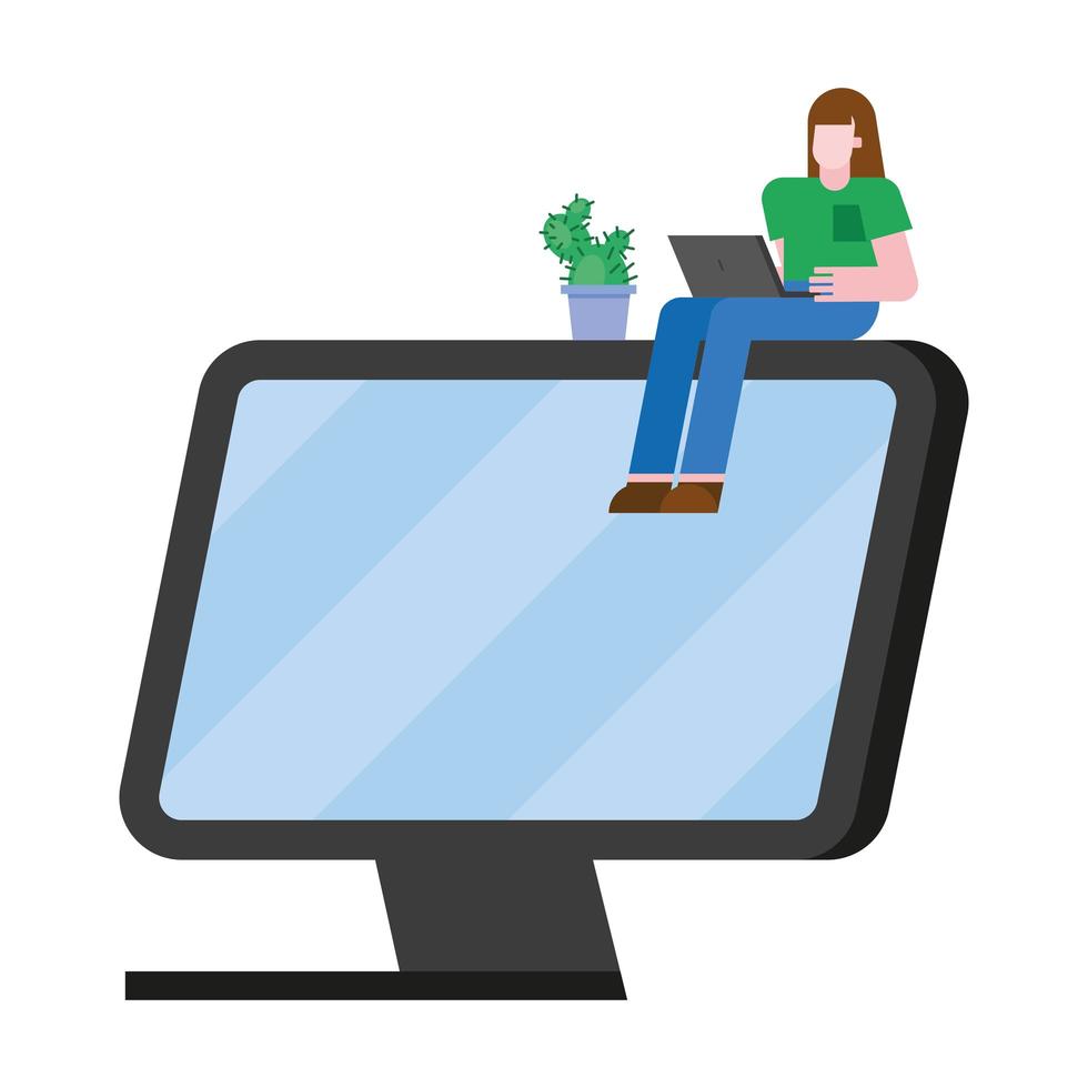 caricatura de mujer con laptop en diseño de vector de computadora