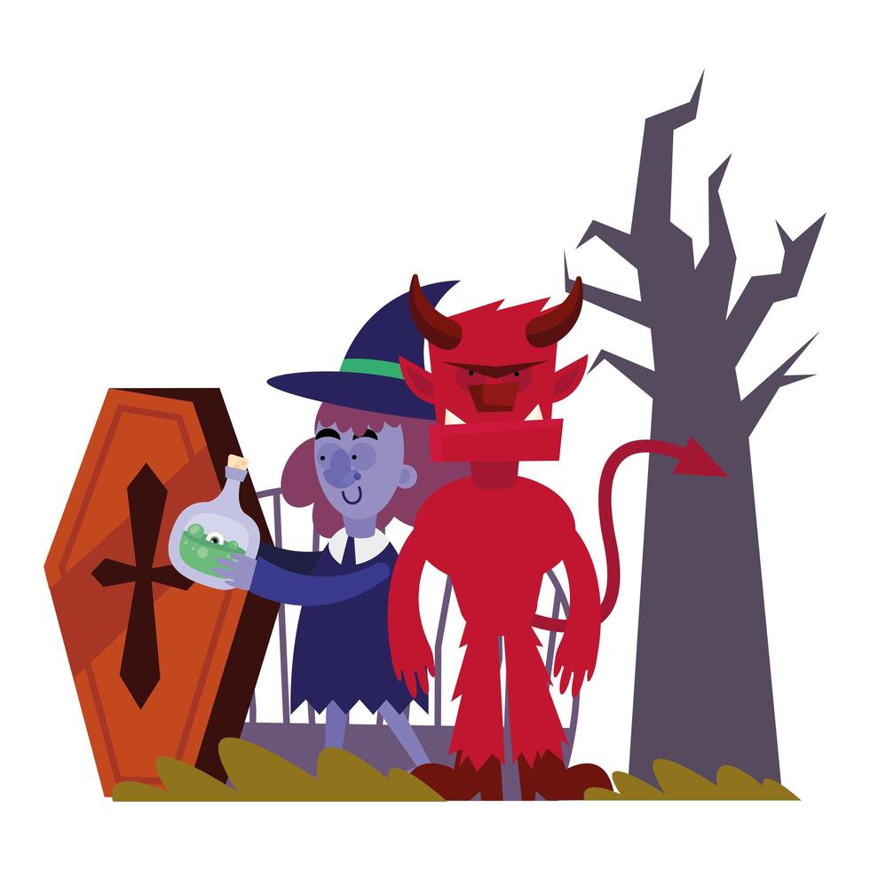 halloween witch and devil cartoon vector design