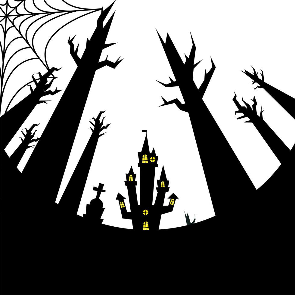 halloween house, grave and bare trees design vector