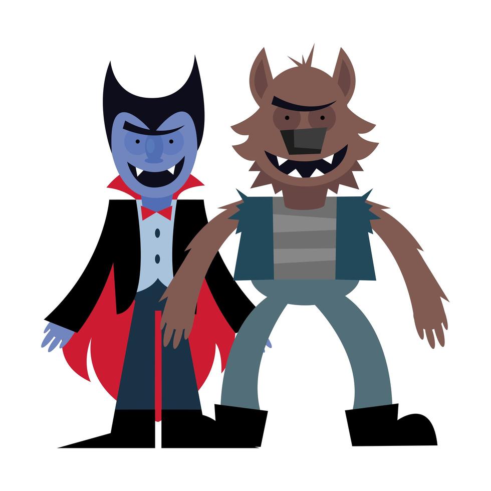 diseño de vector de dibujos animados de vampiro y hombre lobo de halloween