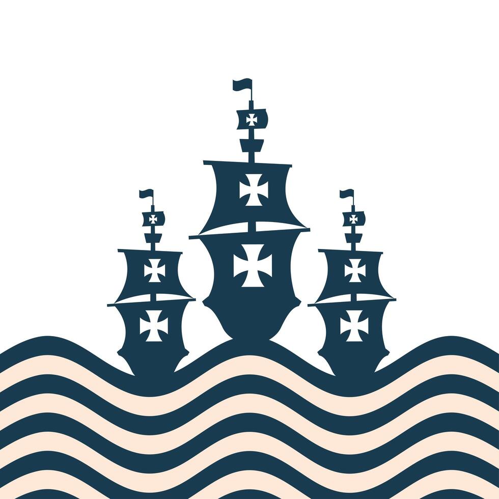 Cristóbal colón barcos en el diseño de vector de mar rayado