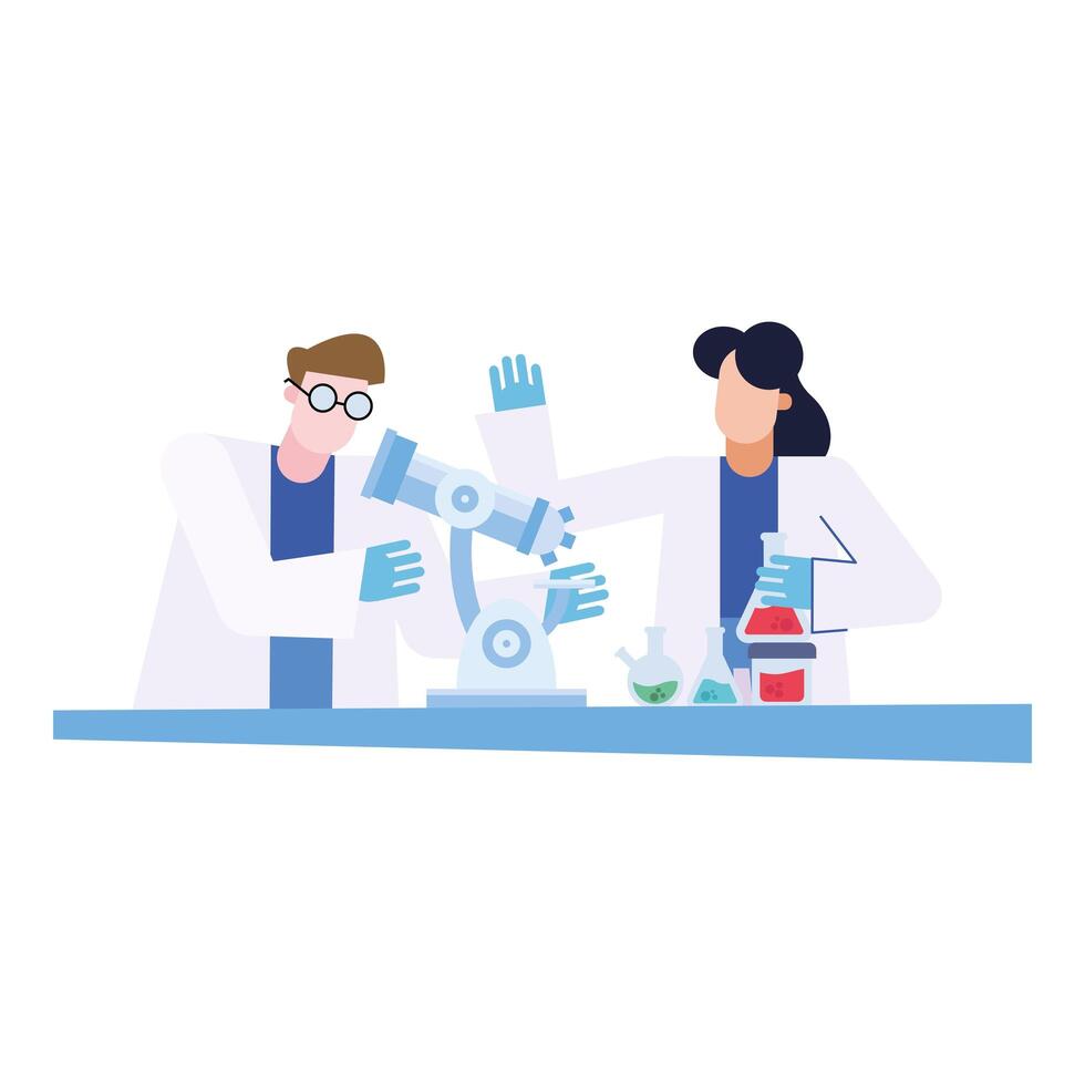 chemical man and woman with microscope and flasks at desk vector design