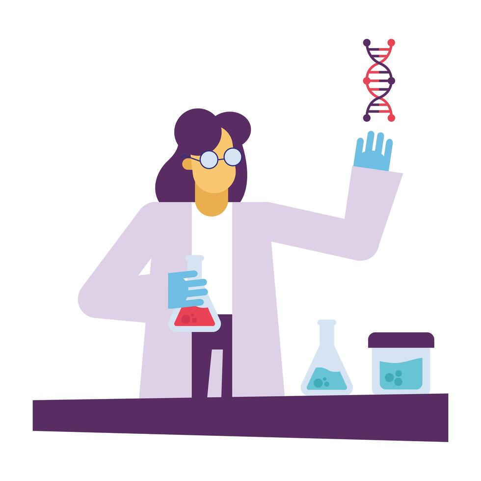 chemical woman with flasks and dna at desk vector design