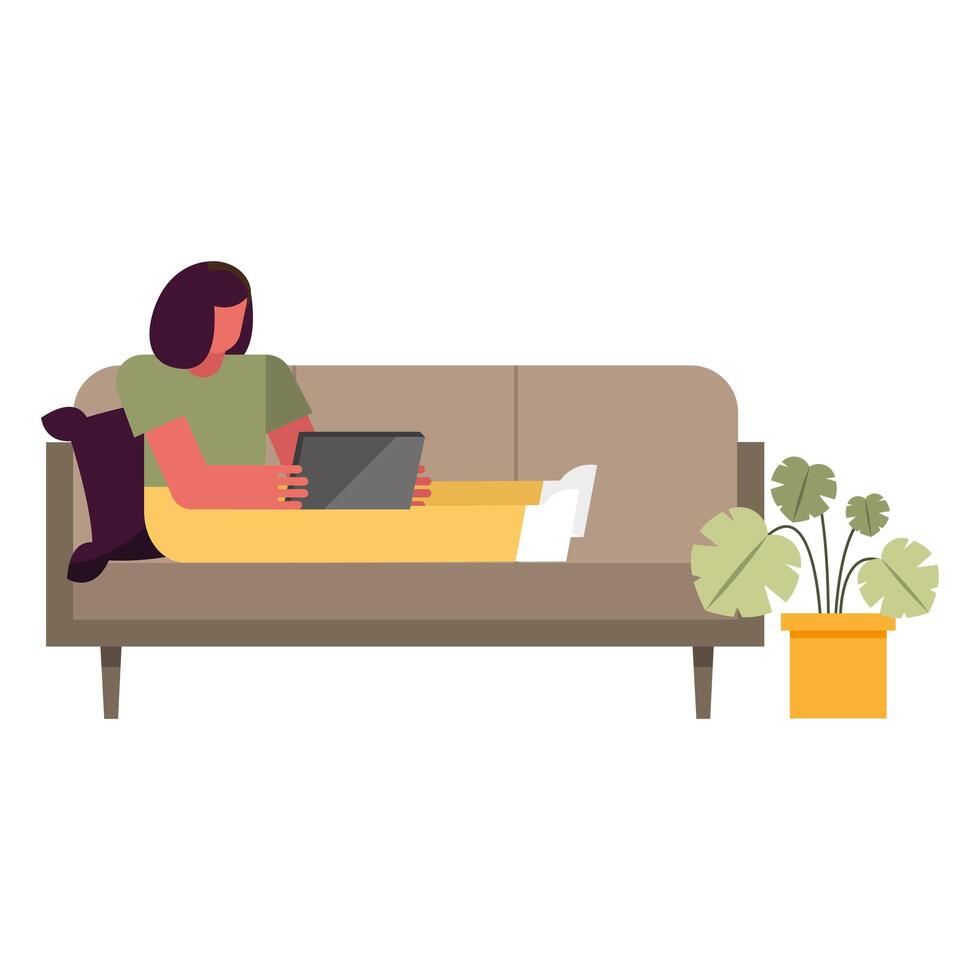 woman with laptop on couch working from home vector design