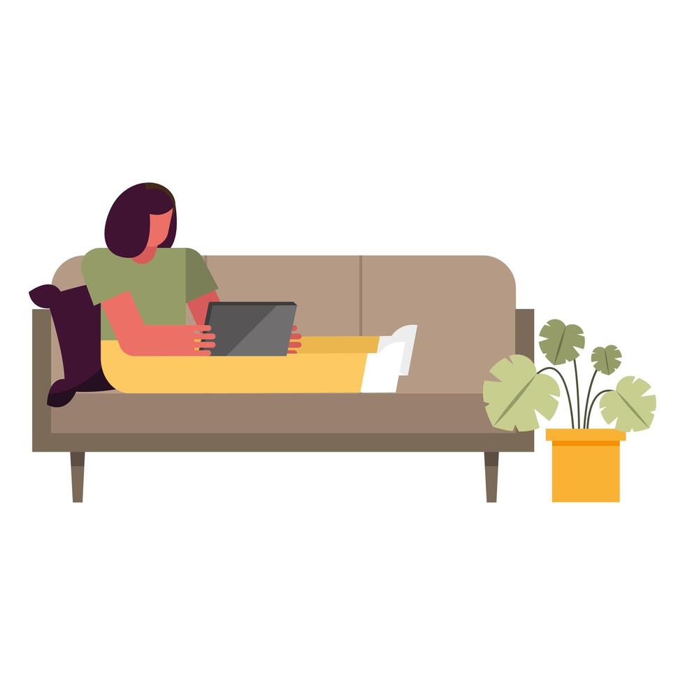 woman with laptop on couch working from home vector design