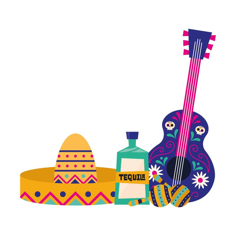 mexican guitar hat tequila and maracas design vector