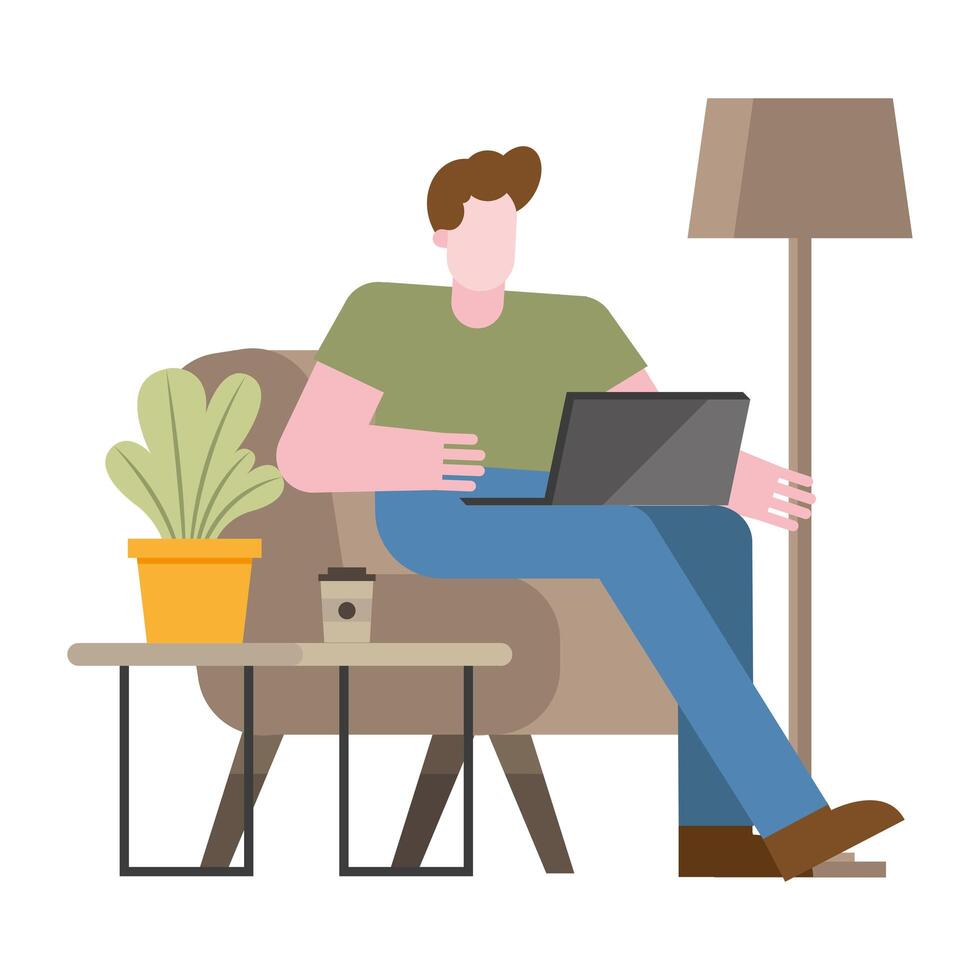 Man with laptop on chair working from home vector design