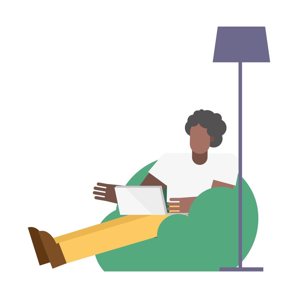 Man with laptop on puff chair working from home vector