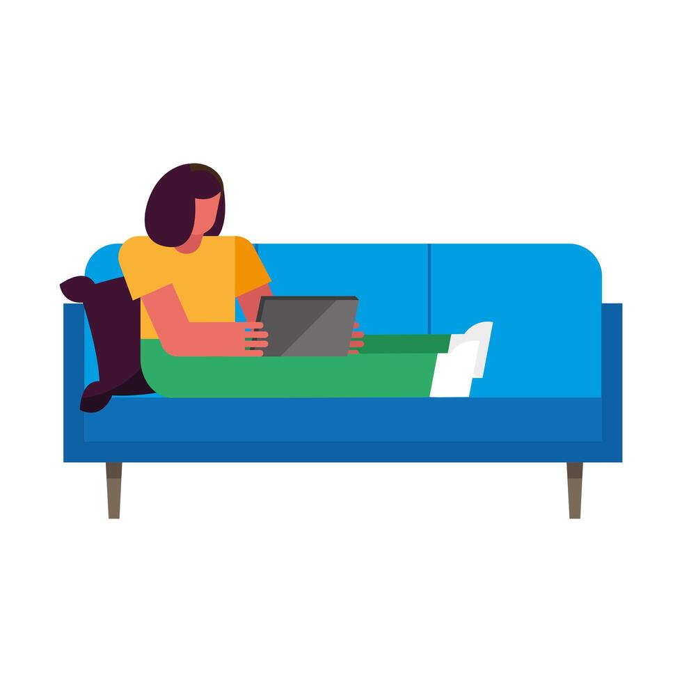 Mujer con laptop en sofá trabajando desde casa diseño vectorial vector