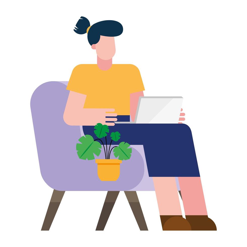 Mujer con laptop en silla trabajando desde casa diseño vectorial vector