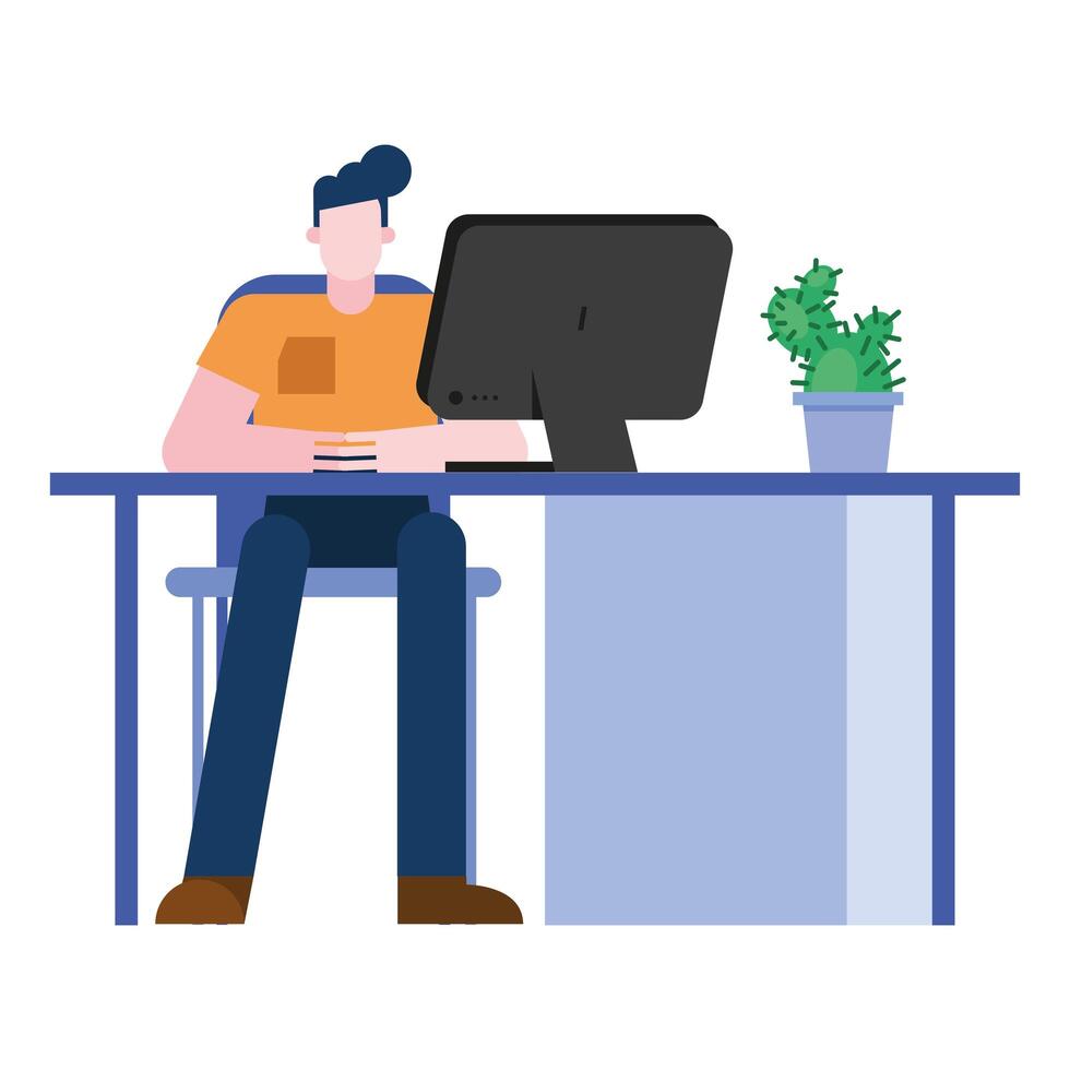 man at office desk with computer design vector