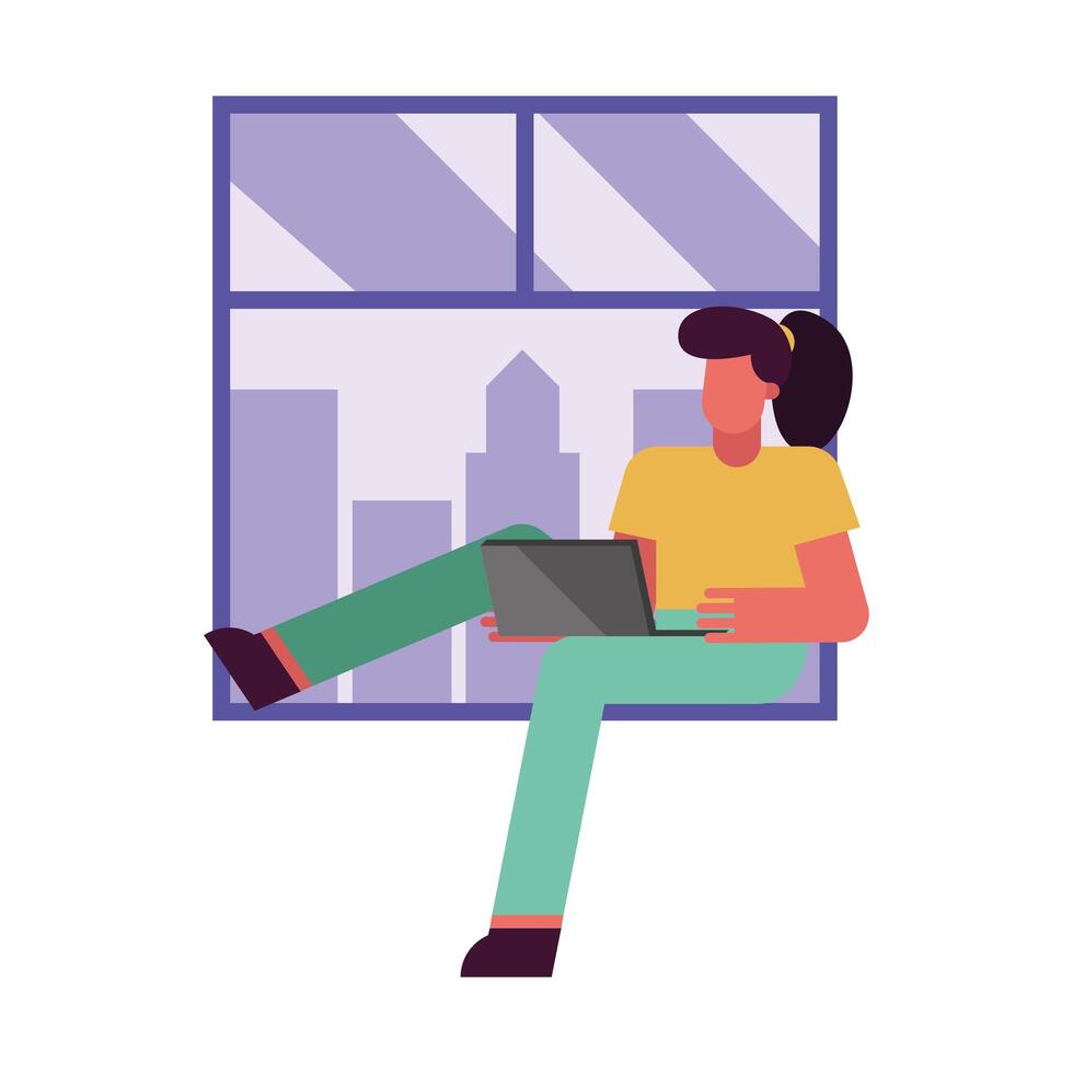 Mujer con laptop trabajando desde la ventana de casa diseño vectorial vector