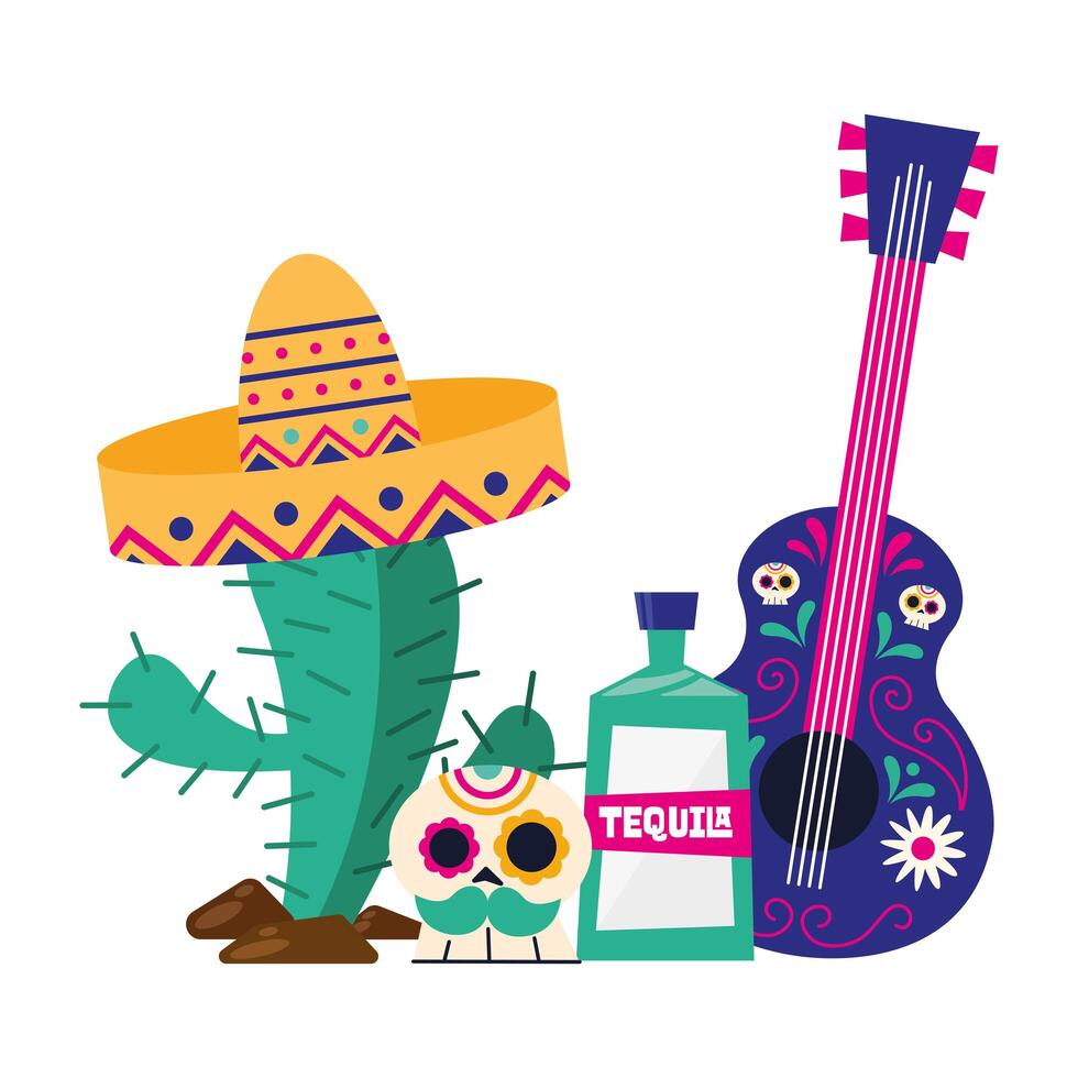 cactus mexicano con sombrero cráneo tequila y guitarra diseño vectorial vector