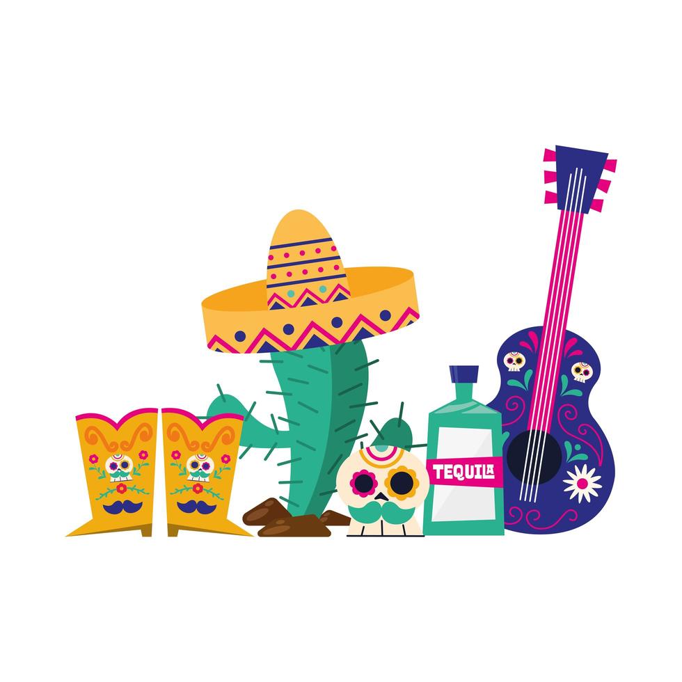 cactus mexicano con sombrero botas calavera tequila y guitarra diseño vectorial vector