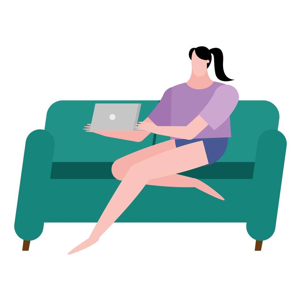 woman with laptop on home couch vector design