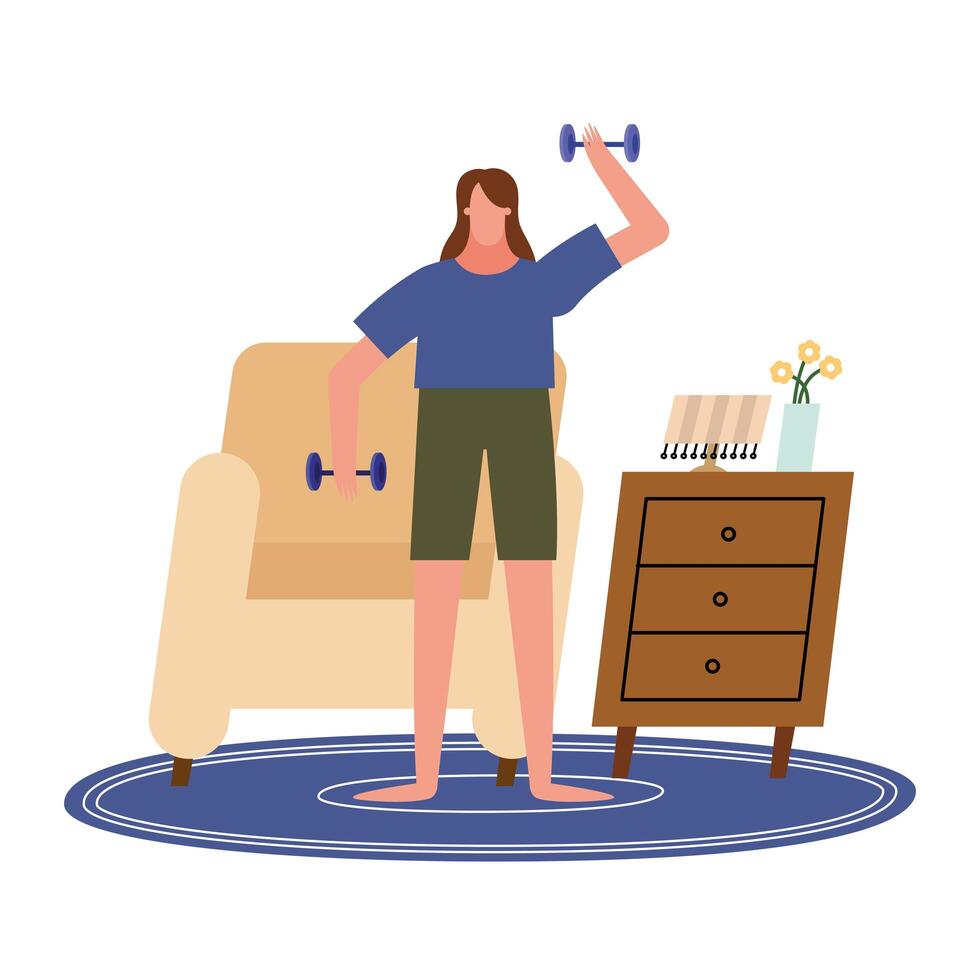 woman lifting weights in front of chair at home vector design