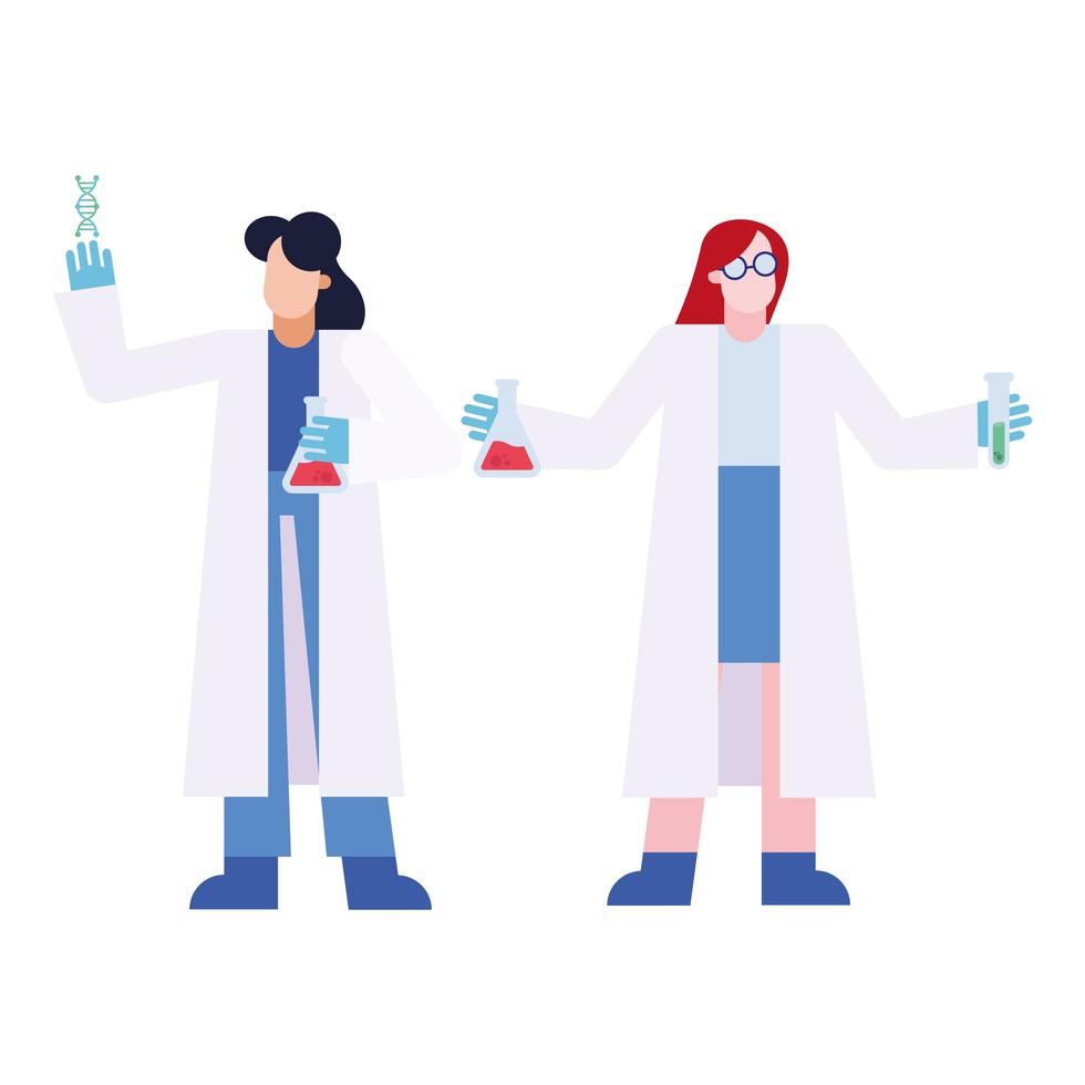 chemist women with flasks and tube vector design