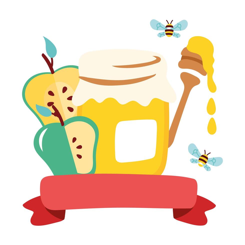 sweet honey pot with apples and spoon vector