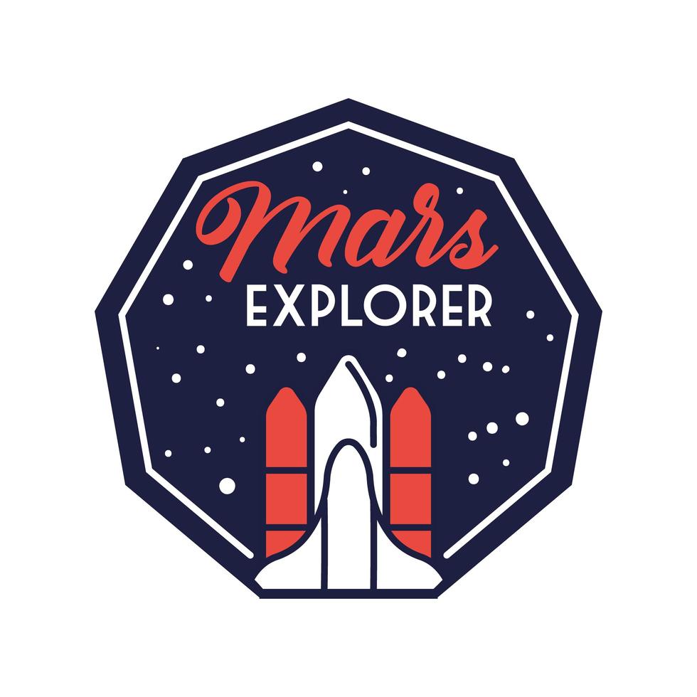 space badge with spaceship flying and mars explore lettering line and fill style vector