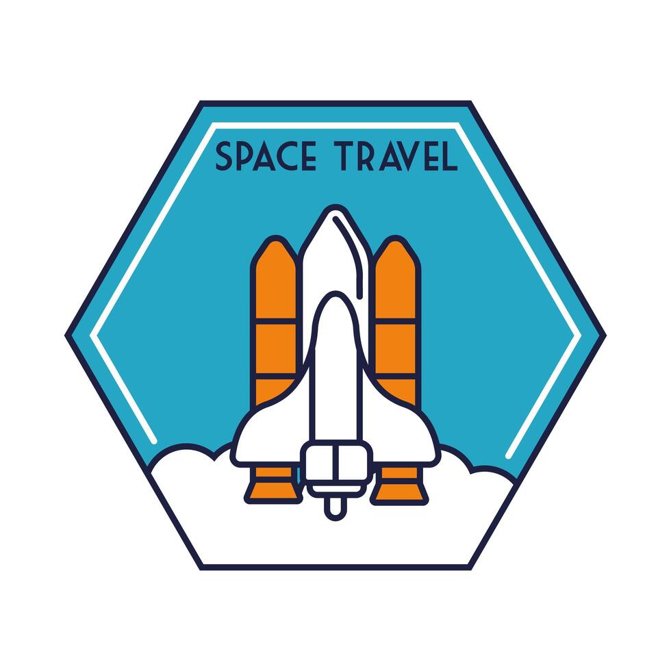 space hexagon badge with spaceship flying line and fill style vector